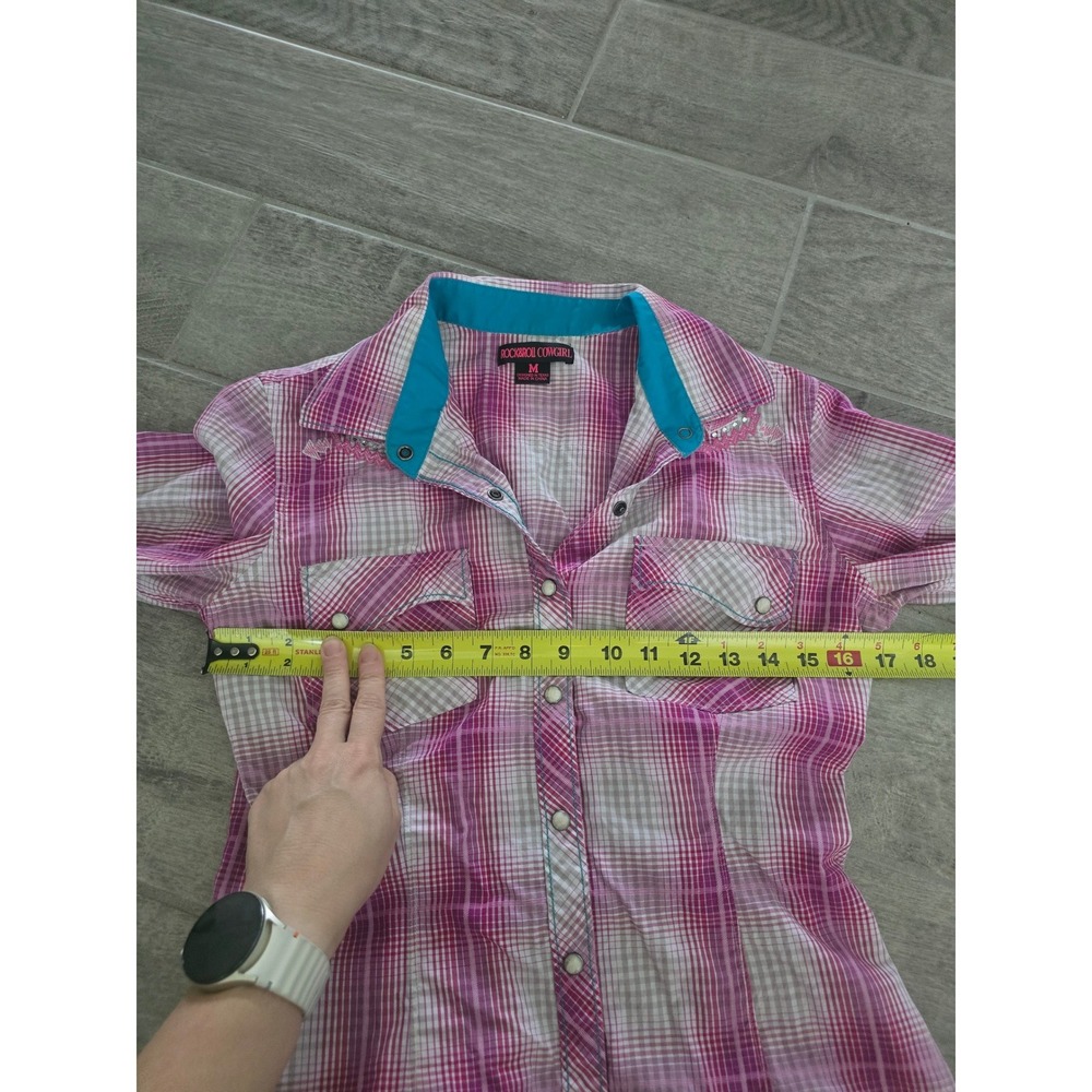 Rock & Roll Cowgirl Pink Plaid Rhinestone Embroidered Western Pearl Snap Shirt M - Picture 3 of 8